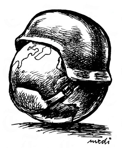 Cartoon: full militarization (medium) by Medi Belortaja tagged helmet,militarization,soldier,war,peace,weapons,world,earth,globe