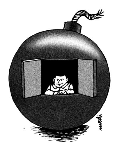 Cartoon: good morning (medium) by Medi Belortaja tagged man,window,terroism,house,bomb