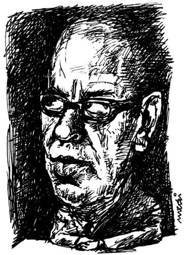 Cartoon: Ismail Kadare (medium) by Medi Belortaja tagged writer,albanian,great,kadare,ismail