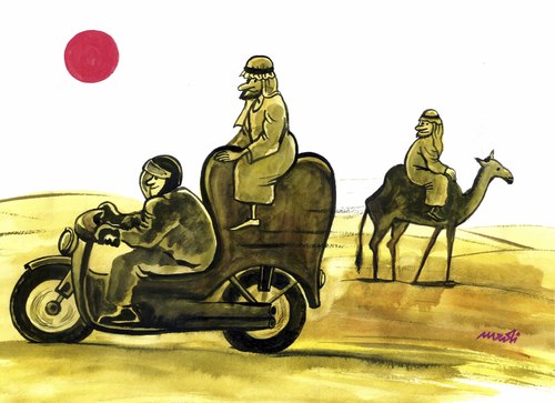 Cartoon: modern times in wilderness (medium) by Medi Belortaja tagged desert,camel,motorcycles,times,modern