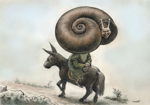 Cartoon: Nasreddin and the snail (medium) by Medi Belortaja tagged smiling,snail,hoca,nasreddin