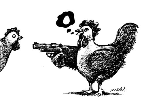 Cartoon: ...or eggs..or your life... (medium) by Medi Belortaja tagged or,humor,black,rooster,threat,chicken,gun,eggs
