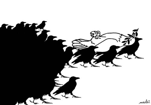 Cartoon: peaces funeral (medium) by Medi Belortaja tagged peaces,funeral,colombo,pigeon,burial,death,dead,war,raven,ravens