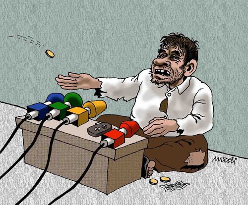 Cartoon: press conference of beggar (medium) by Medi Belortaja tagged man,poverty,beggary,beggar,conference,press