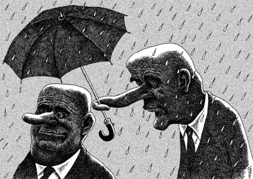 Cartoon: that s life (medium) by Medi Belortaja tagged humor,umbrella,nose,friendship,head,chief,servant,raining,rain