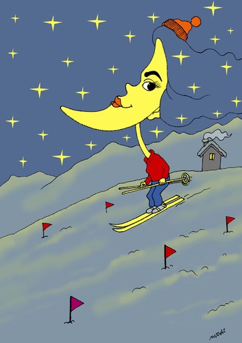 Cartoon: the moon while skiing (medium) by Medi Belortaja tagged holidays,girl,woman,ski,skiing,while,moon