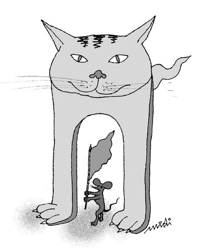 Cartoon: triumph of the mouse (medium) by Medi Belortaja tagged standardbearer,flag,cat,mouse,triumph