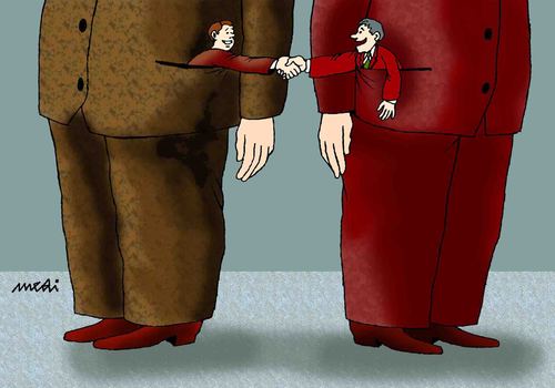 Cartoon: handshake from the pockets (medium) by Medi Belortaja tagged heads,chief,pockets,handshake
