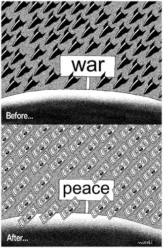 Cartoon: war and peace (medium) by Medi Belortaja tagged money,bomb,war,dollar,peace,bombing