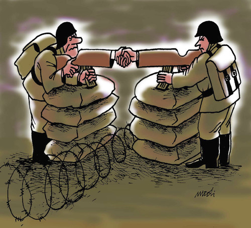 Cartoon: arms shake hands (medium) by Medi Belortaja tagged conflict,gun,weapons,peace,war,handshake,soldiers