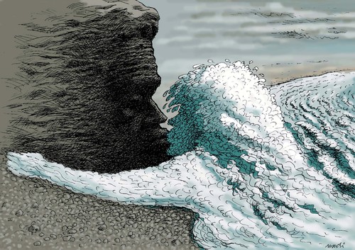Cartoon: waves kiss (medium) by Medi Belortaja tagged day,valentines,lovers,love,hug,storm,sea,kissing,kiss,wife,husband,woman,man,rock,waves,wave