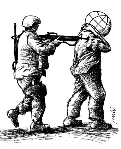 Cartoon: world under arrest (medium) by Medi Belortaja tagged arrest,under,world,soldier,weapon,rofle,gun,globe,earth