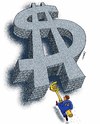 Cartoon: euro and usd (small) by Medi Belortaja tagged euro dollar gate opening