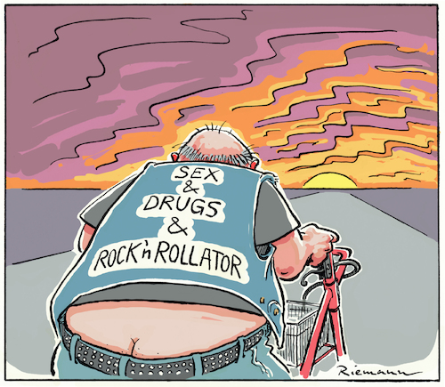 Cartoon: Born To Be Mild (medium) by Riemann tagged boomer,rollator,alt,jung,rentner,senioren,68er,rock,and,roll,drugs,generationenkonflikt,sonnenuntergang,cartoon,george,riemann,boomer,rollator,alt,jung,rentner,senioren,68er,rock,and,roll,sex,drugs,generationenkonflikt,sonnenuntergang,cartoon,george,riemann