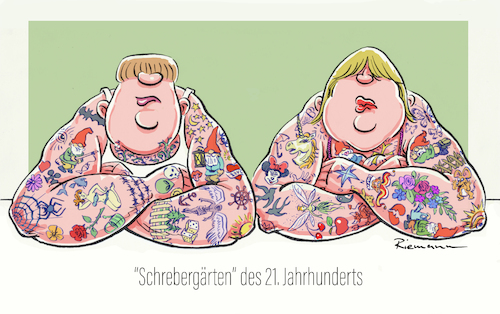 Cartoon: Die Neuen Spießer (medium) by Riemann tagged tattoos,kitsch,spiesser,schrebergarten,mode,kleinbürger,gartenzwerge,anpassung,trend,cartoon,george,riemann,tattoos,kitsch,spiesser,schrebergarten,mode,kleinbürger,gartenzwerge,anpassung,trend,cartoon,george,riemann