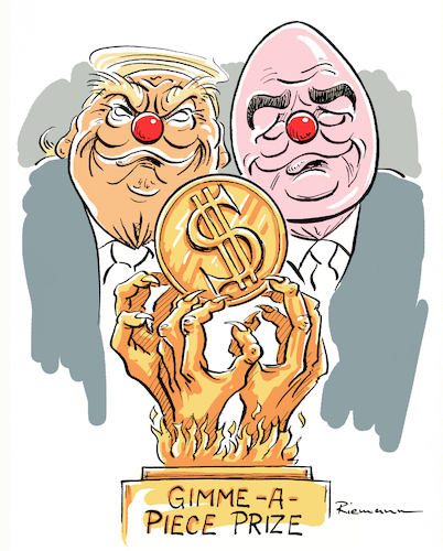 Cartoon: In Gold We Trust (medium) by Riemann tagged trump,infantino,fifa,peace,prize,friedenspreis,clowns,mafia,korruption,fussball,geld,gier,world,cup,peinlich,cartoon,george,riemann,trump,infantino,fifa,peace,prize,friedenspreis,clowns,mafia,korruption,fussball,geld,gier,world,cup,peinlich,cartoon,george,riemann