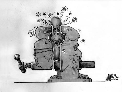 Cartoon: Nuclear Vise (medium) by halltoons tagged north,korea,iran,kim,jong,il,mahmoud,ahmadinejad