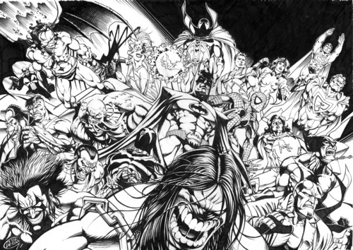 Cartoon: Mega-crossover 1995 (medium) by giuliodevita tagged marvel,dc,image,crossover,superhero,pitt,hellboy,batman,superman,spiderman,xmen,wolverine,rune,hulk,lobo,punisher,sludge
