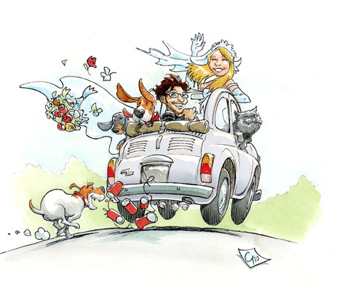 Cartoon: wedding card (medium) by giuliodevita tagged wedding,giuliodevita,cat,dog,bassettaun,fiat,500