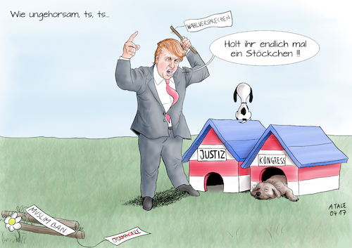 Cartoon: Bring Stöckchen (medium) by Ago tagged usa,amerika,donald,trump,praesident,wahlversprechen,widerstand,kongress,eigene,partei,republikaner,abschaffung,obamacare,einreisestopp,erlass,dekret,muslim,ban,einreiseverbot,buerger,sieben,islamische,laender,aussetzung,bundesrichter,washington,berufungsgericht,bestaetigung,irreparabler,schaden,negative,auswirkungen,willkuer,vorurteile,proteste,weltweit,sicherheit,ausgrenzung,gesetzlosigkeit,demokratie,politik,rechtsstaat,karikatur,cartoon,illustration,tale,agostino,natale,usa,amerika,donald,trump,praesident,wahlversprechen,widerstand,kongress,eigene,partei,republikaner,abschaffung,obamacare,einreisestopp,erlass,dekret,muslim,ban,einreiseverbot,buerger,sieben,islamische,laender,aussetzung,bundesrichter,washington,berufungsgericht,bestaetigung,irreparabler,schaden,negative,auswirkungen,willkuer,vorurteile,proteste,weltweit,sicherheit,ausgrenzung,gesetzlosigkeit,demokratie,politik,rechtsstaat,karikatur,cartoon,illustration,tale,agostino,natale