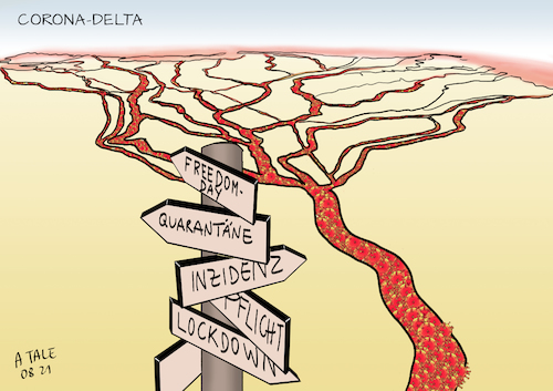 Cartoon: Corona Delta (medium) by Ago tagged corona,delta,variante,mutation,pandemie,vierte,welle,diskussion,debatte,coronapolitik,richtungsstreit,zunehmende,divergenzen,uneinheitliches,vorgehen,flussdelta,verzweigungen,wegweiser,politik,caricature,karikatur,cartoon,pressezeichnung,illustration,tale,agostino,natale,corona,delta,variante,mutation,pandemie,vierte,welle,diskussion,debatte,coronapolitik,richtungsstreit,zunehmende,divergenzen,uneinheitliches,vorgehen,flussdelta,verzweigungen,wegweiser,politik,caricature,karikatur,cartoon,pressezeichnung,illustration,tale,agostino,natale