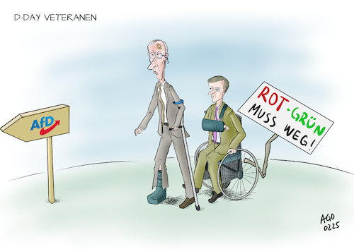 Cartoon: D-Day Veteranen (medium) by Ago tagged bundestagswahl,wahlkampf,2025,cdu,merz,verschärfung,migrationspolitik,asylgesetze,abstimmung,anträge,gesetzesentwurf,stimmen,afd,rechtsruck,populismus,vereinfachung,problematik,anschlag,tote,integration,migration,fdp,dday,paper,austritt,koalition,schaden,beschädigt,politik,caricature,karikatur,cartoon,pressezeichnung,illustration,ago,agostino,natale,bundestagswahl,wahlkampf,2025,cdu,merz,verschärfung,migrationspolitik,asylgesetze,abstimmung,anträge,gesetzesentwurf,stimmen,afd,rechtsruck,populismus,vereinfachung,problematik,anschlag,tote,integration,migration,fdp,dday,paper,austritt,koalition,schaden,beschädigt,politik,caricature,karikatur,cartoon,pressezeichnung,illustration,ago,agostino,natale