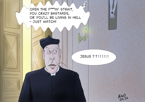 Cartoon: Don Camillo traut seinen... (medium) by Ago tagged usa,iran,israel,nahost,militärschlag,krieg,donald,trump,straße,hormus,sperrung,lieferung,erdöl,wirtschaft,krise,drohungen,flüche,tweets,selbstdarstellung,heiland,messias,propaganda,empörung,katholiken,blasphemie,größenwahn,vergleich,gottes,sohn,roman,film,fernandel,don,camillo,jesus,gespräche,religion,politik,caricature,karikatur,cartoon,pressezeichnung,illustration,ago,agostino,natale,usa,iran,israel,nahost,militärschlag,krieg,donald,trump,straße,hormus,sperrung,lieferung,erdöl,wirtschaft,krise,drohungen,flüche,tweets,selbstdarstellung,heiland,messias,propaganda,empörung,katholiken,blasphemie,größenwahn,vergleich,gottes,sohn,roman,film,fernandel,don,camillo,jesus,gespräche,religion,politik,caricature,karikatur,cartoon,pressezeichnung,illustration,ago,agostino,natale