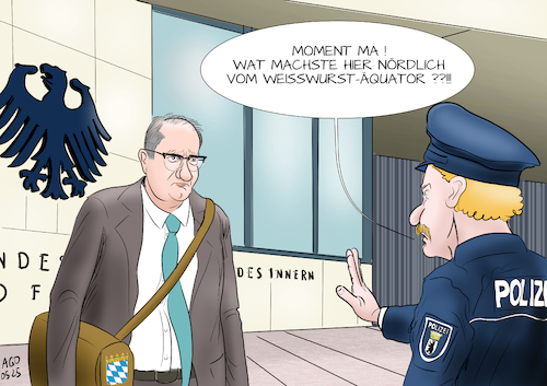 Cartoon: Grenzwertige Kontrollen (medium) by Ago tagged bundesregierung,kanzler,merz,innenminister,dobrindt,cdu,csu,verschärfung,migrationspolitik,grenzkontrollen,notlage,zurückweisung,asylsuchende,kritik,vereinbarkeit,grundgesetz,eu,recht,populismus,anbiederung,afd,ministerium,polizist,berlin,schnauze,bayern,preußen,rivalität,politik,karikatur,cartoon,pressezeichnung,illustration,ago,agostino,natale,bundesregierung,kanzler,merz,innenminister,dobrindt,cdu,csu,verschärfung,migrationspolitik,grenzkontrollen,notlage,zurückweisung,asylsuchende,kritik,vereinbarkeit,grundgesetz,eu,recht,populismus,anbiederung,afd,ministerium,polizist,berlin,schnauze,bayern,preußen,rivalität,politik,karikatur,cartoon,pressezeichnung,illustration,ago,agostino,natale