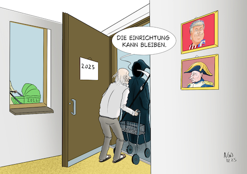 Cartoon: Jahresende (medium) by Ago tagged jahresende,jahreswechsel,silvester,neujahr,2025,2026,kalender,gevatter,tod,greis,alter,mann,allegorie,kinderwagen,gleiche,probleme,krisen,personen,politiker,trump,putin,weltgeschehen,dominanz,autokraten,populisten,politik,caricature,karikatur,cartoon,pressezeichnung,illustration,ago,agostino,natale,jahresende,jahreswechsel,silvester,neujahr,2025,2026,kalender,gevatter,tod,greis,alter,mann,allegorie,kinderwagen,gleiche,probleme,krisen,personen,politiker,trump,putin,weltgeschehen,dominanz,autokraten,populisten,politik,caricature,karikatur,cartoon,pressezeichnung,illustration,ago,agostino,natale