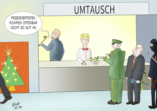 Cartoon: Ladenhüter (medium) by Ago tagged weihnachten,fest,geschenke,ukraine,putin,militär,terrorismus,kriege,friedenspfeife,umtausch,kaufhaus,konsum,wirtschaft,politik,caricature,karikatur,cartoon,pressezeichnung,illustration,ago,agostino,natale,weihnachten,fest,geschenke,ukraine,putin,militär,terrorismus,kriege,friedenspfeife,umtausch,kaufhaus,konsum,wirtschaft,politik,caricature,karikatur,cartoon,pressezeichnung,illustration,ago,agostino,natale