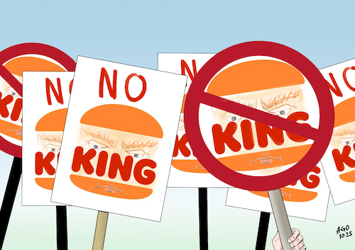 Cartoon: No king please (medium) by Ago tagged usa,präsident,donald,trump,städte,landesweit,demonstrationen,proteste,aktionstag,no,king,bedrohung,demokratie,autokratie,einsätze,nationalgarde,militär,vorgehen,gewalt,migranten,einschränkung,meinungsfreiheit,logo,hamburger,kette,politik,caricature,karikatur,cartoon,pressezeichnung,illustration,ago,agostino,natale,usa,präsident,donald,trump,städte,landesweit,demonstrationen,proteste,aktionstag,no,king,bedrohung,demokratie,autokratie,einsätze,nationalgarde,militär,vorgehen,gewalt,migranten,einschränkung,meinungsfreiheit,logo,hamburger,kette,politik,caricature,karikatur,cartoon,pressezeichnung,illustration,ago,agostino,natale