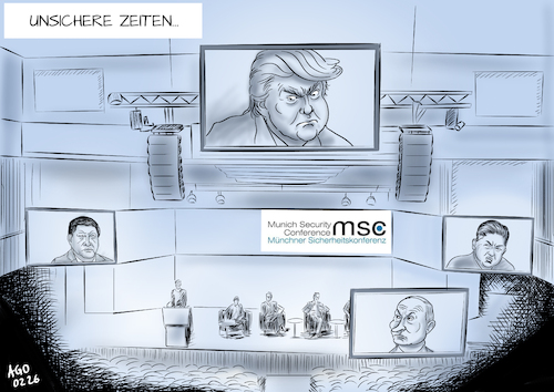 Cartoon: Sicherheitskonferenz!? (medium) by Ago tagged msc,sicherheitskonferenz,muenchen,deutschland,sicherheitspolitik,verteidigung,militaer,trump,putin,xi,jinping,kim,jong,un,kriege,konflikte,krisenherde,diktaturen,autoritaere,regime,westen,nato,eu,russland,china,usa,nordkorea,gefaehrdung,bedrohung,demokratien,bröckelnde,allianzen,aufrüstung,politik,karikatur,caricature,illustration,zeichnung,bild,pressezeichnung,ago,agostino,natale,msc,sicherheitskonferenz,muenchen,deutschland,sicherheitspolitik,verteidigung,militaer,trump,putin,xi,jinping,kim,jong,un,kriege,konflikte,krisenherde,diktaturen,autoritaere,regime,westen,nato,eu,russland,china,usa,nordkorea,gefaehrdung,bedrohung,demokratien,bröckelnde,allianzen,aufrüstung,politik,karikatur,caricature,illustration,zeichnung,bild,pressezeichnung,ago,agostino,natale