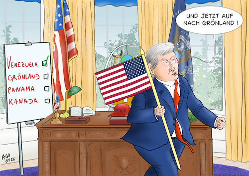 Cartoon: Trumps Bucket List (medium) by Ago tagged usa,präsident,trump,angriff,überfall,militäreinsatz,venezuela,festnahme,maduro,missachtung,kongress,un,völkerrecht,staatliche,souveränität,kriegerischer,akt,vorwand,drogenhandel,ölreichtum,kritik,sorge,völkerrechtswidrige,interessen,grönland,kanada,panama,wirtschaft,rohstoffe,politik,caricature,karikatur,cartoon,pressezeichnung,illustration,ago,agostino,natale,usa,präsident,trump,angriff,überfall,militäreinsatz,venezuela,festnahme,maduro,missachtung,kongress,un,völkerrecht,staatliche,souveränität,kriegerischer,akt,vorwand,drogenhandel,ölreichtum,kritik,sorge,völkerrechtswidrige,interessen,grönland,kanada,panama,wirtschaft,rohstoffe,politik,caricature,karikatur,cartoon,pressezeichnung,illustration,ago,agostino,natale