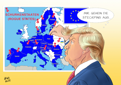 Cartoon: Trumps Schurkenstaaten (medium) by Ago tagged usa,präsident,donald,trump,russland,ukraine,krieg,telefonat,putin,rücksichtslos,ohne,absprache,münchner,sicherheitskonferenz,eu,nato,bündnis,westen,polemik,konfrontation,populistisch,extremistisch,irrational,einseitig,schurkenstaaten,politik,caricature,karikatur,cartoon,pressezeichnung,illustration,ago,agostino,natale,usa,präsident,donald,trump,russland,ukraine,krieg,telefonat,putin,rücksichtslos,ohne,absprache,münchner,sicherheitskonferenz,eu,nato,bündnis,westen,polemik,konfrontation,populistisch,extremistisch,irrational,einseitig,schurkenstaaten,politik,caricature,karikatur,cartoon,pressezeichnung,illustration,ago,agostino,natale