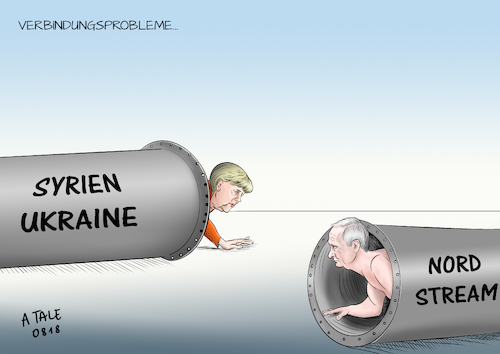 Cartoon: Verbindungsprobleme (medium) by Ago tagged angela,merkel,kanzlerin,deutschland,wladimir,putin,russland,präsident,treffen,meseberg,gespräche,differenzen,streitpunkte,unterschiedliche,positionen,syrien,ukraine,konflikte,kämpfe,lösungen,geschäfte,sanktionen,wirtschaft,gastransit,pipeline,nordstream,kritik,pragmatisches,kühles,verhältnis,politik,karikatur,cartoon,pressezeichnung,illustration,tale,agostino,natale,angela,merkel,kanzlerin,deutschland,wladimir,putin,russland,präsident,treffen,meseberg,gespräche,differenzen,streitpunkte,unterschiedliche,positionen,syrien,ukraine,konflikte,kämpfe,lösungen,geschäfte,sanktionen,wirtschaft,gastransit,pipeline,nordstream,kritik,pragmatisches,kühles,verhältnis,politik,karikatur,cartoon,pressezeichnung,illustration,tale,agostino,natale