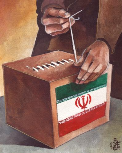 Cartoon: Iran ...closing of the urns (medium) by matteo bertelli tagged iran,elections,ahmadinedschad,iran,wahl,wahlen,manipulation,mussawi,mullah,stimmen,urne,aufstand,protest,proteste,bürger