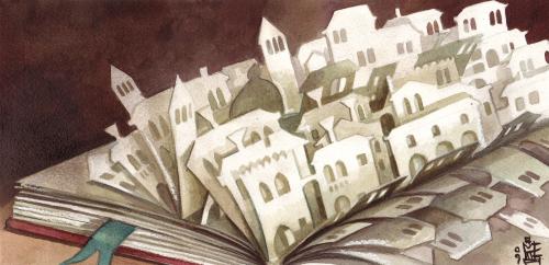 Cartoon: papertown (medium) by matteo bertelli tagged papertown,cartoon,cartoons,buch,bücher,auto,autoren,literatur,lesen,bildung,papier,schneiden,stadt,architektur,wohnen,wohnungen