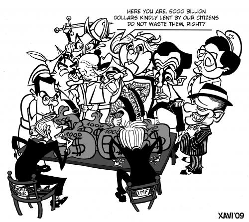 Cartoon: G20 a beggars band (medium) by Xavi dibuixant tagged g20,summit,obama,zapatero,merkel,sarkozy,brown,medvedev,berlusconi,hu,jintao,taro,aso