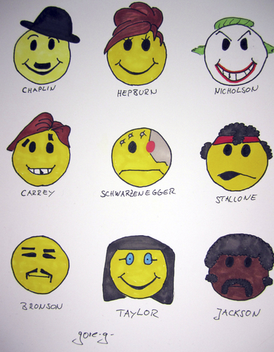 Cartoon: keep on smiling (medium) by gore-g tagged jackson,taylor,bronson,stallone,schwarzenegger,carrey,nicholson,hepburn,chaplin,smileys,smiley