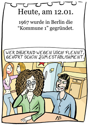Cartoon: 12. Januar (medium) by chronicartoons tagged kommune1,uschi,obermeier,rainer,langhans,68er,cartoon