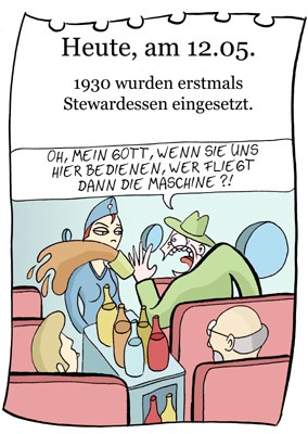 Cartoon: 12.Mai (medium) by chronicartoons tagged flugzeug,stewardess,panik,saftschubse,cartoon