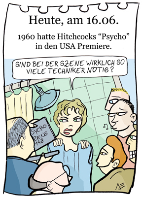 Cartoon: 16. Juni (medium) by chronicartoons tagged janet,leigh,hitchcock,psycho,film,thriller,cartoon