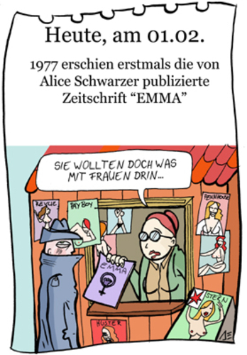 Cartoon: 1. Februar (medium) by chronicartoons tagged emma,alice,schwarzer,kiosk,playboy,penthouse,frauenzeitschrift,cartoon