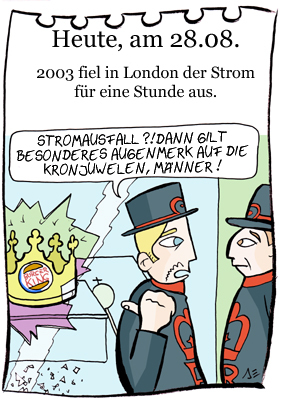 Cartoon: 28. August (medium) by chronicartoons tagged stromausfall,london,kronjuwelen,queen