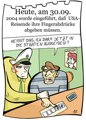Cartoon: 30. September (medium) by chronicartoons tagged fingerabdruck,ausreise,usa,polizei,gangster,cartoon