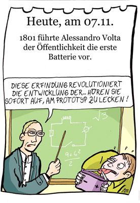 Cartoon: 7. November (medium) by chronicartoons tagged volta,volt,batterie,energie,strom,cartoon