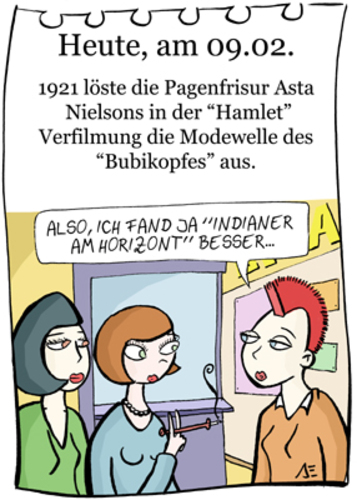 Cartoon: 9. Februar (medium) by chronicartoons tagged asra,nielsen,hamlet,bubikopf,goldene,20er,irokese,kino,cartoon