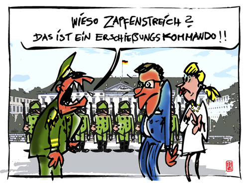 Cartoon: Zapfenstreich (medium) by zenundsenf tagged andi,walter,zenundsenf,zensen,zenf,verabschiedung,militärisch,zapfenstreich,grosser,wulff,christian,bundespräsident