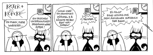 Cartoon: Kater u. Köpcke - Verspätung (medium) by badham tagged köpcke,kater,hamme,lbadham,bahn,railway,train,warten,verspätung,wartezeit,wait,delay