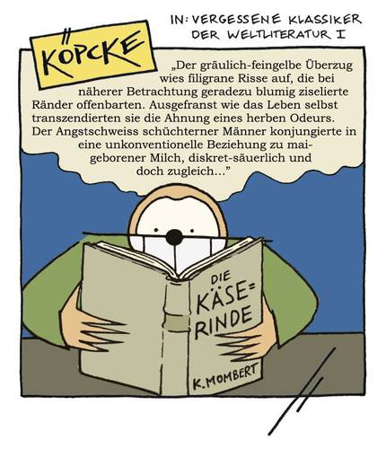 Cartoon: Köpcke - Weltliteratur 1 (medium) by badham tagged hammel,björn,badham,kater,köpcke,literatur,weltliteratur,käse,käserinde